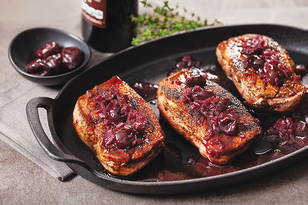 Mocha-Rubbed Duck Breast with Cherry and Red Wine Pan Sauce