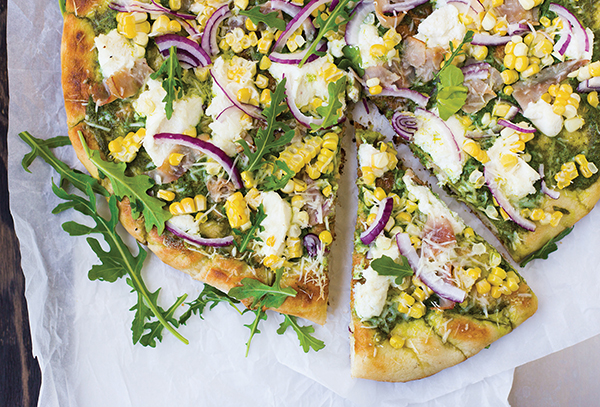 Grilled Pizza with Arugula Pesto, Corn and Ham