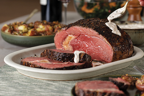Pepper-Crusted Prime Rib with Creamy Horseradish Sauce and Crushed Potatoes